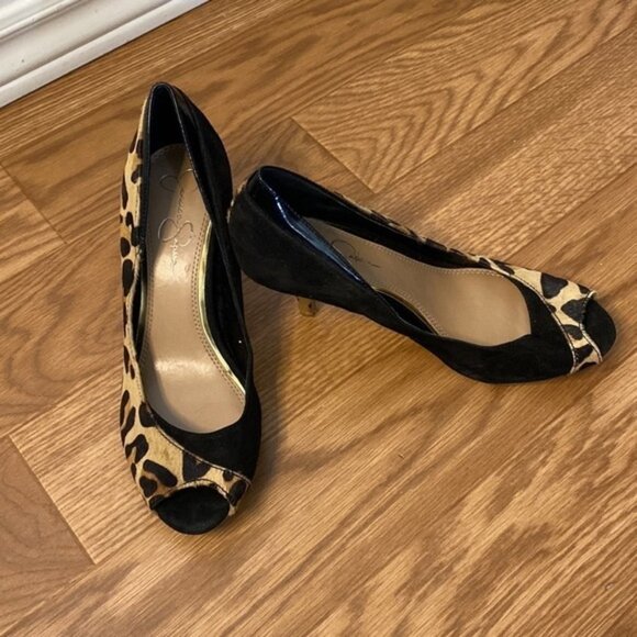 SOLD JESSICA Simpson Women’s Black Leopard Print Peep Toe Heels (Size 8B/38) - Picture 3 of 16